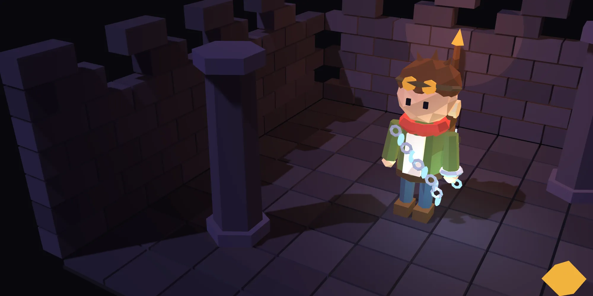 Wren, a young relic hunter with goggles, a red scarf and a glowing broken chain, stands in a ruined dungeon